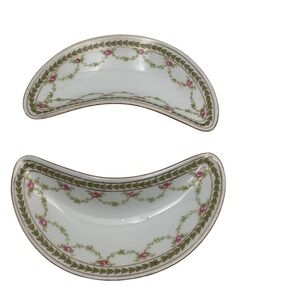 MZ Austria Crescent Bone China Side Dishes Pink Rose Garland Gold Trim Set of 2‎